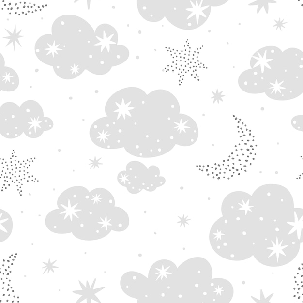 Patrón sin costuras con nubes, lunas y estrellas sobre un fondo blanco para textiles infantiles
