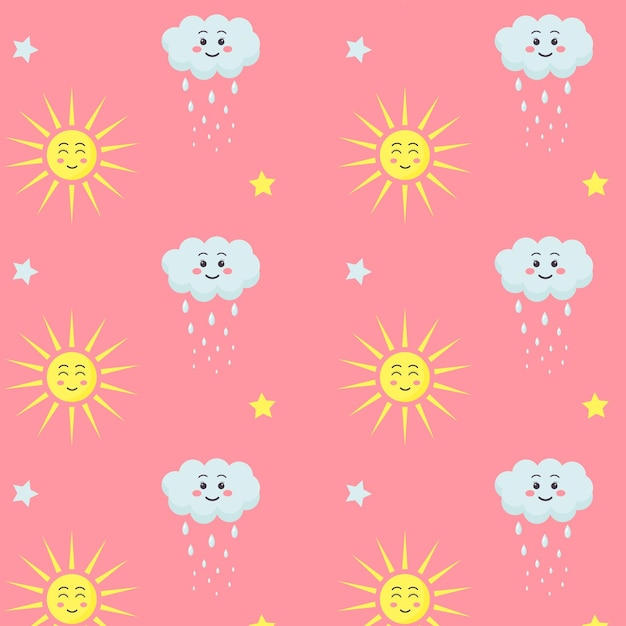 Patrón sin costuras con nubes de sol kawaii y estrellas