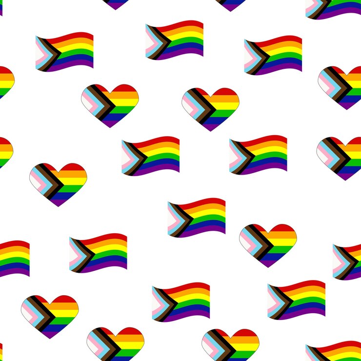 Vector patrón sin costuras con nueva bandera lgbt corazones texto flor y bandera orgullo gay mes del orgullo amor lgbtq
