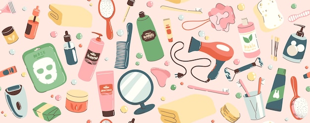 Patrón sin costuras con objetos y cosméticos para el baño Accesorios diarios de cuidado personal