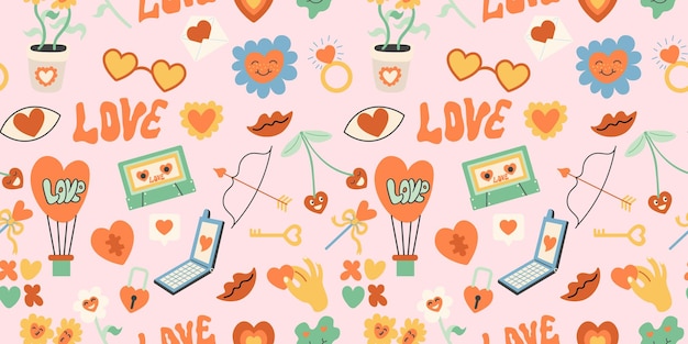 patrón sin costuras con objetos románticos en estilo doodle