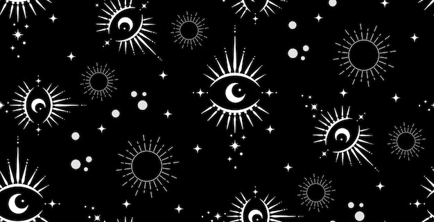 Patrón sin costuras Ojo sagrado, luna creciente mágica y sol en estilo boho, blanco y negro