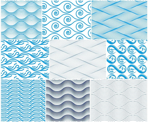Patrón sin costuras de ondas, líneas de curvas líquidas de agua vectorial abstractas repiten un fondo sin fin, ondas rítmicas de color azul.