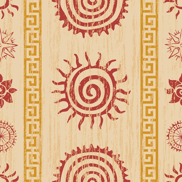 Patrón sin costuras, origen étnico, símbolos solares, diseño vectorial