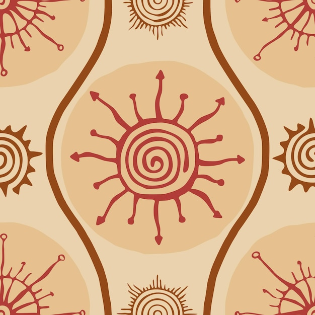 Patrón sin costuras, origen étnico, símbolos solares, diseño vectorial