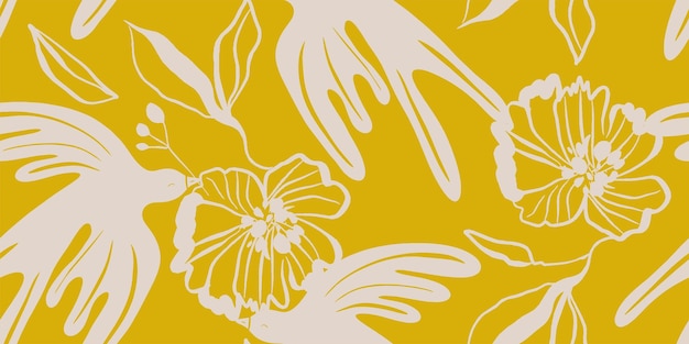 Patrón sin costuras ornamento botánico dibujado a mano de estilo étnico con pájaros monocromático abstracto de moda
