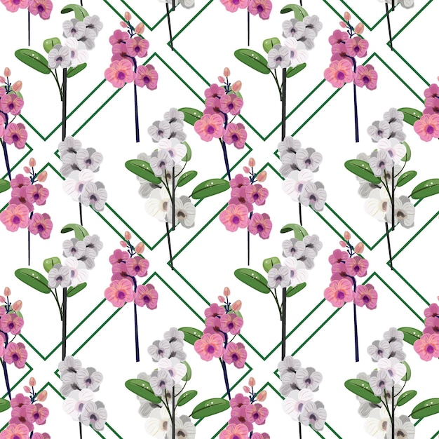 Vector patrón sin costuras con orquídeas en el tallo y contorno decorativo en forma de diamante en el fondo