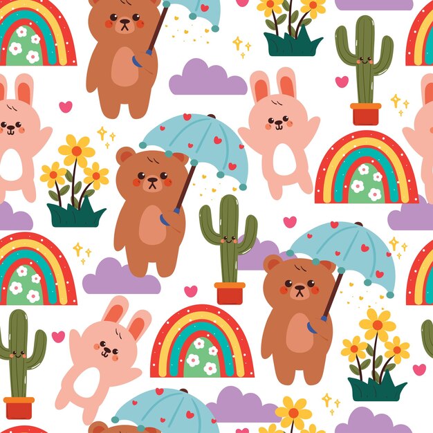 patrón sin costuras oso de dibujos animados y conejo con elemento del cielo y planta papel tapiz de animal lindo para tela
