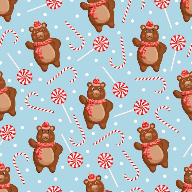Patrón sin costuras con un oso de invierno marrón bosque en un sombrero y bufanda con dulces Vector Navidad
