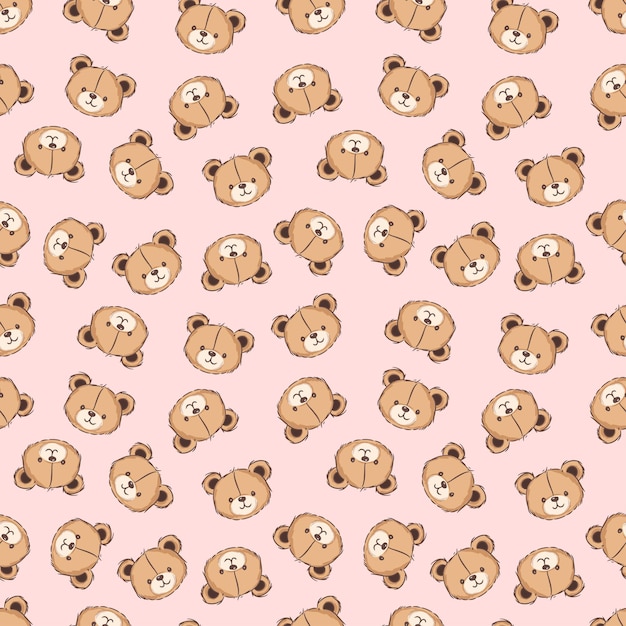 Patrón sin costuras de oso lindo con caras amigables en un fondo rosa suave para niños y artesanías