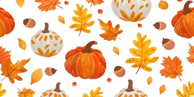 Patrón sin costuras de otoño con bellotas de calabaza y hojas de otoño sobre un fondo blanco