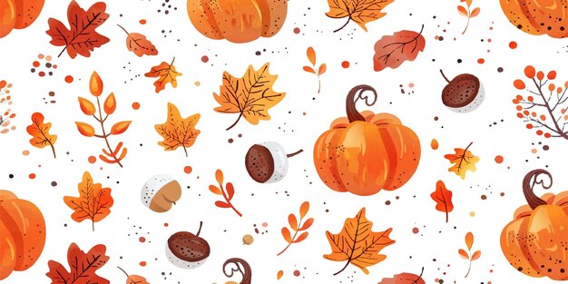 Patrón sin costuras de otoño con bellotas de calabaza y hojas de otoño sobre un fondo blanco