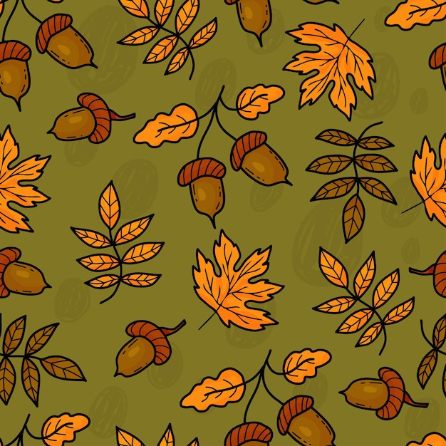 Patrón sin costuras de otoño del bosque Acorns con coloridas hojas de otoño en fondo verde