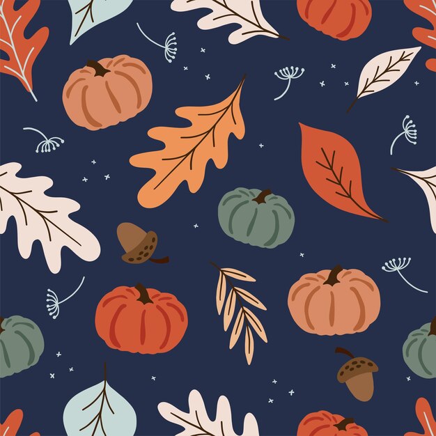 Patrón sin costuras de otoño con coloridas calabazas, hojas de bosque y bellotas
