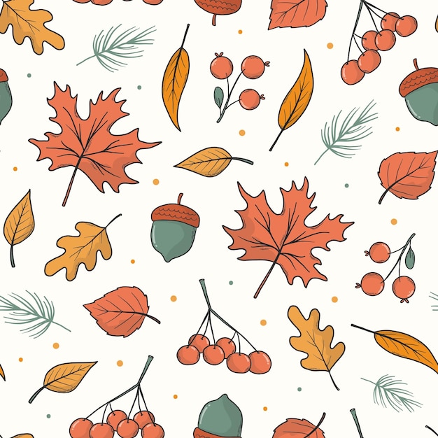 Patrón sin costuras de otoño con hojas caídas dibujadas a mano bayas bellotas para papel tapiz scrapbooking