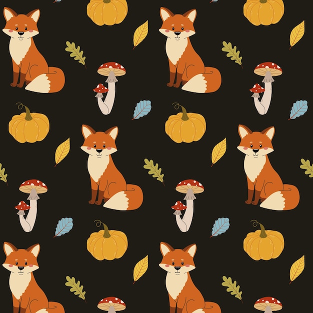 Patrón sin costuras de otoño con lindo zorro y hojas sobre un fondo negro Diseño para ropa infantil textiles envoltura de papel cuadernos y cuadernos