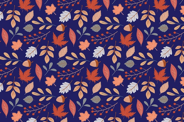 Patrón sin costuras de otoño con varias hojas y flores de plantas sobre un fondo azul