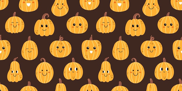 Patrón sin costuras de otoño vectorial con calabazas lindas Calabazas sonrientes amarillas sobre fondo marrón oscuro Patrón sin costuras de Acción de Gracias o Halloween con calabazas lindas Impresión de otoño en diseño plano