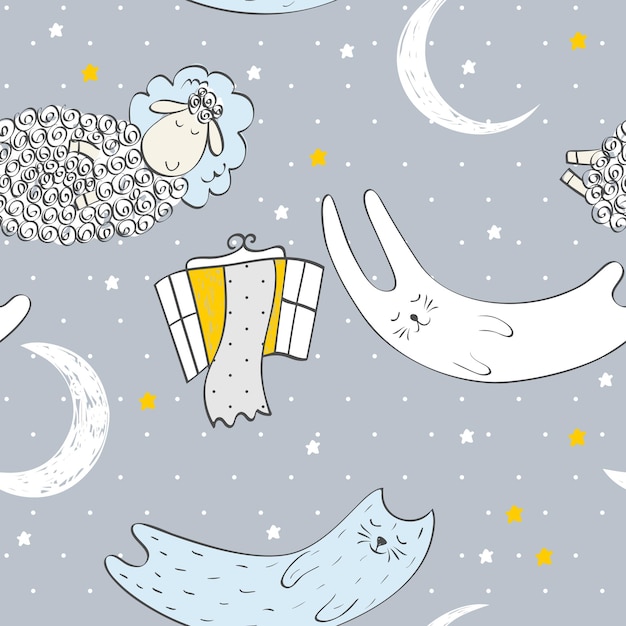 Patrón sin costuras con ovejas divertidas y luna dulces sueños