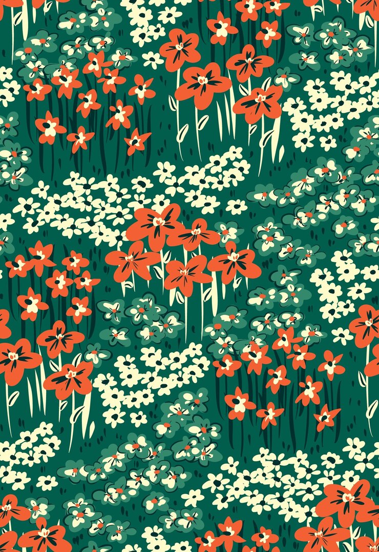 Patrón sin costuras con un paisaje en un estilo retro Patrón floral con muchas flores pequeñas hojas hierbas en un campo verde Impresión botánica con flores rojas y blancas sobre un fondo verde Vector