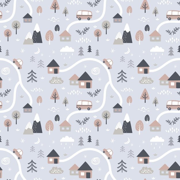 Patrón sin costuras con paisaje en ilustración vectorial de estilo escandinavo