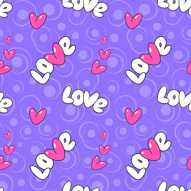 Patrón sin costuras con la palabra Amor y corazón rosado en fondo violeta