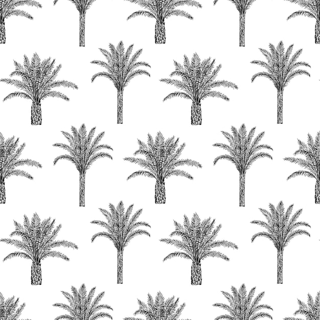Patrón sin costuras con palmeras árboles y hojas estilo de grabado retro Toile de Jouy