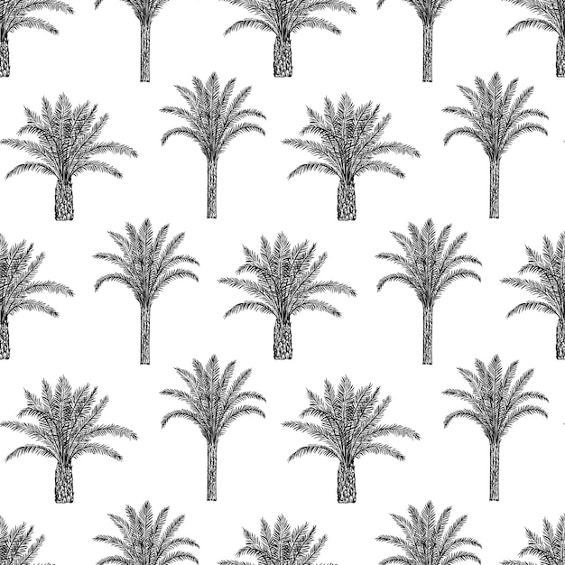 Vector patrón sin costuras con palmeras árboles y hojas estilo de grabado retro toile de jouy