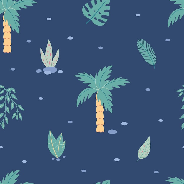 Patrón sin costuras con palmeras infantiles y plantas tropicales sobre un fondo azul oscuro Ilustración vectorial para textiles para bebés