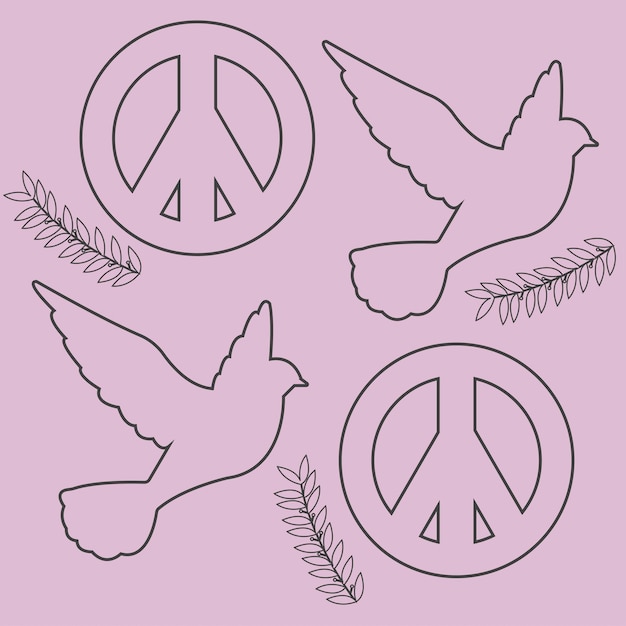 Vector patrón sin costuras con paloma de contorno, laurel y símbolo de paz
