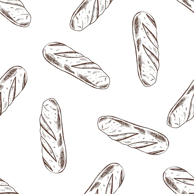 Patrón sin costuras de pan de baguette de época dibujado a mano en estilo clásico de grabado monocromático