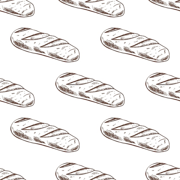 Patrón sin costuras de pan de baguette de época dibujado a mano en estilo clásico de grabado monocromático