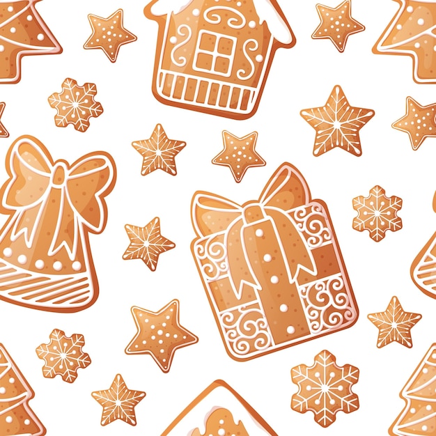 Patrón sin costuras con pan de jengibre de Navidad Textura con galletas de Año Nuevo y glaseado blanco Ideal para papel tapiz textil