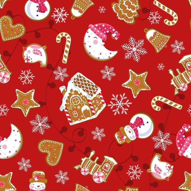 Patrón sin costuras con pan de jengibre navideño en estilo vintage sobre fondo rojo