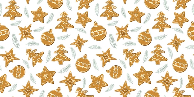 Patrón sin costuras pan de jengibre ramas de abeto galletas de Navidad postre de horneado fondo repetitivo
