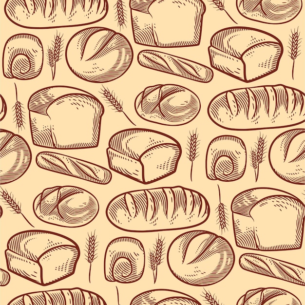 Vector patrón sin costuras de pan y panadería, patrón de pan sin costuras