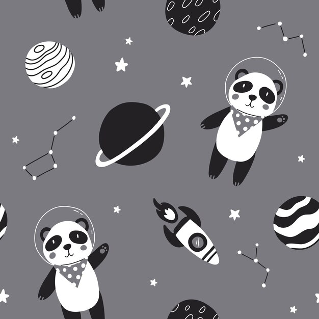 Patrón sin costuras de panda de aventura espacial Oso de dibujos animados dibujo a mano elementos de decoración de letras Diseño de bebé de estilo plano monocromo escandinavo para tarjetas carteles impresión de camiseta