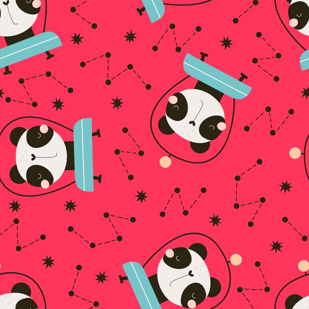 Patrón sin costuras con panda de dibujos animados en elementos de decoración de estrellas espaciales