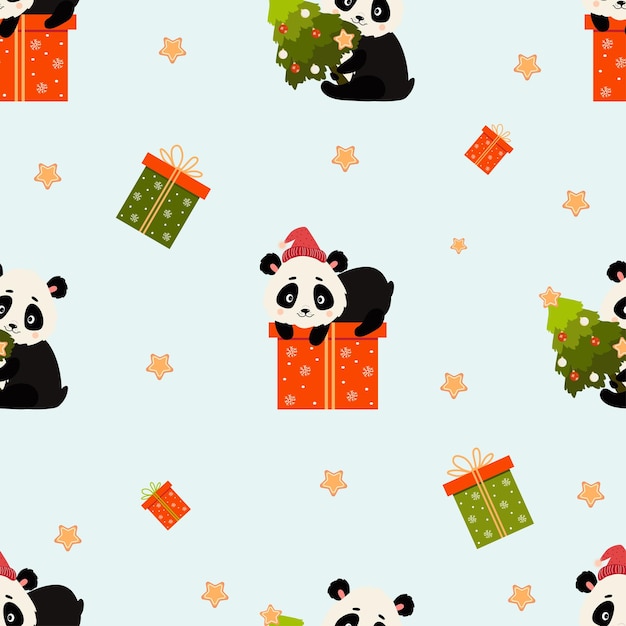Patrón sin costuras con pandas Lindo animal navideño con sombrero de Santa con gran regalo y árbol de Navidad