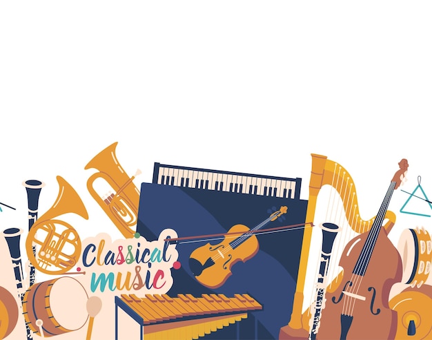 Vector patrón sin costuras con pandereta, piano de cola, xilófono y cuerno francés, tambor, violonchelo, placas de latón y arpa o violín y clarinete, instrumentos musicales clásicos, dibujos animados, vector, azulejo, plano de fondo