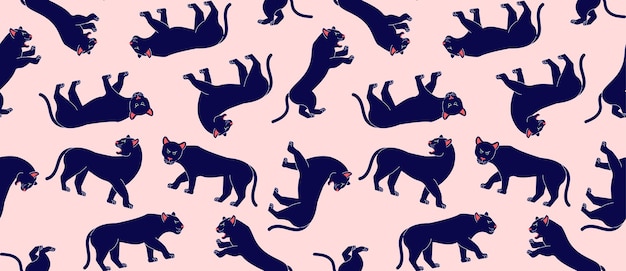 Patrón sin costuras con panteras sobre un fondo rosado fondo abstracto vectorial con grandes gatos
