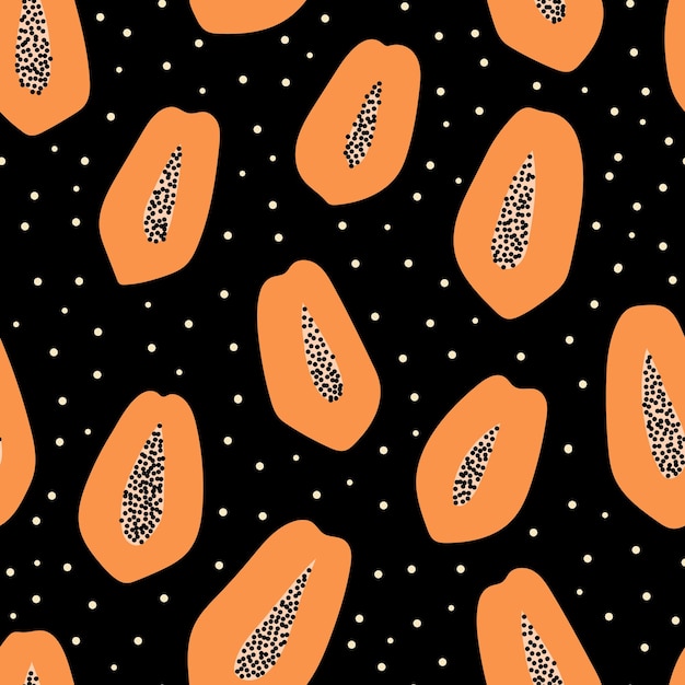 Vector patrón sin costuras con papaya sobre fondo negro ilustración vectorial dibujada a mano textura para imprimir