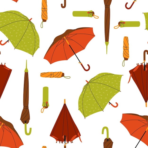 Patrón sin costuras de paraguas Ilustración vectorial colorida de diferentes paraguas Diseño plano acogedor Colección de otoño