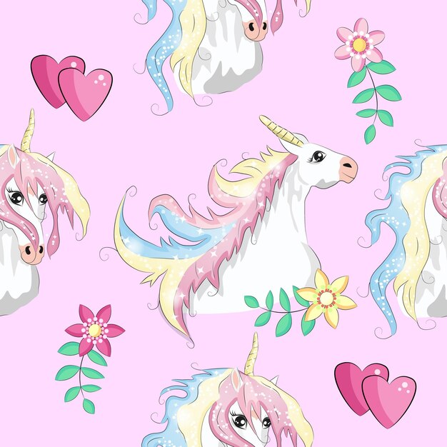 Vector patrón sin costuras con parches de dibujos animados de moda unicornios arco iris y corazones