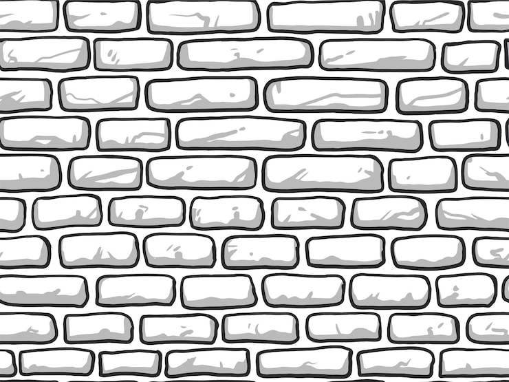 Vector patrón sin costuras de una pared de ladrillo dibujado en un simple estilo de dibujos animados con contornos gruesos y una luz