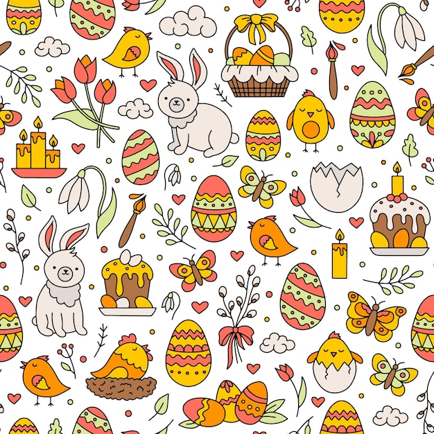 Patrón sin costuras de pascua con huevos, pollos, flores y conejitos en estilo garabato
