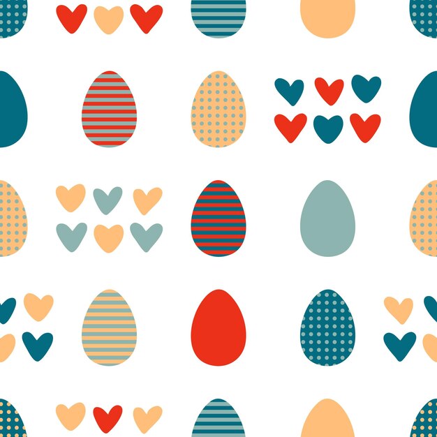 Patrón sin costuras de Pascua con huevos rayados y punteados y corazones pequeños Impresión perfecta para tela de papel tee Ilustración de vector vintage para decoración y diseño