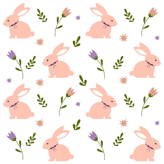 Patrón sin costuras de Pascua con lindos conejitos, flores y hojas. Fondo para el diseño de la cubierta, embalaje.