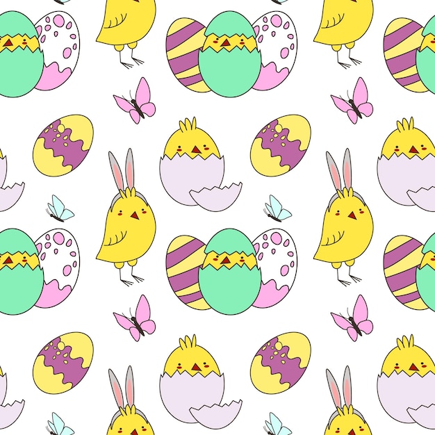 Patrón sin costuras de Pascua Lindos pollitos Fondo decorativo de vacaciones de Pascua perfecto para impresiones, volantes, pancartas, invitaciones de vacaciones y más Ilustración vectorial de Pascua EPS