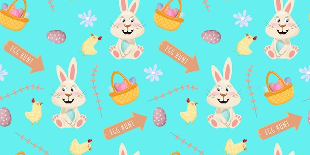 Patrón sin costuras de Pascua con polluelos de conejo y escudos con texto caza de huevos